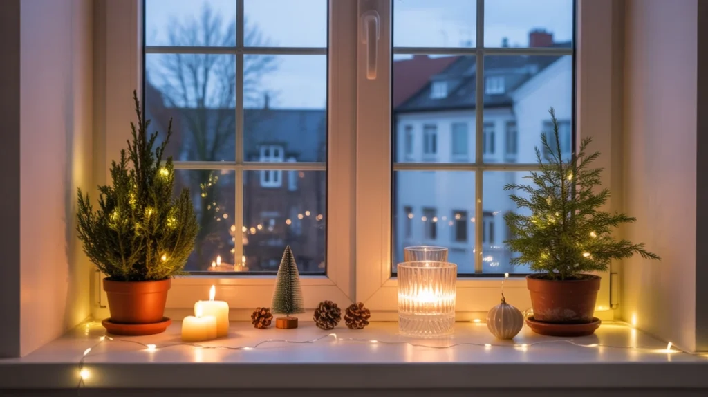 Festive windowsill decorated with candles, greenery, and fairy lights in a small Christmas apartment.