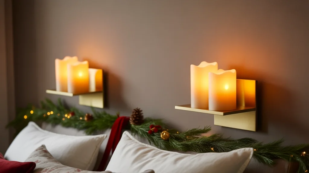 Floating candle sconces glowing softly on bedroom wall for romantic Christmas lighting decoration.