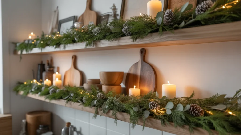 Garland placed on floating kitchen shelves with natural pine and eucalyptus accents