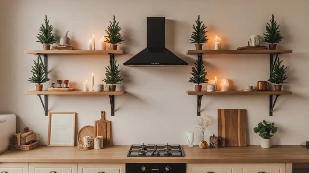 Floating wooden kitchen shelves decorated with mini trees, candles, and holiday kitchen decorations.
