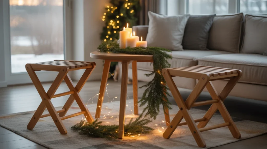 Foldable furniture with garland and candle for space-saving Christmas apartment decor