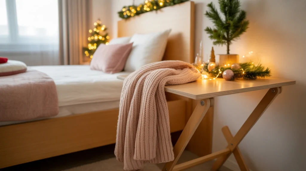 Foldable table with festive decor and throw blanket for small Christmas bedroom setup