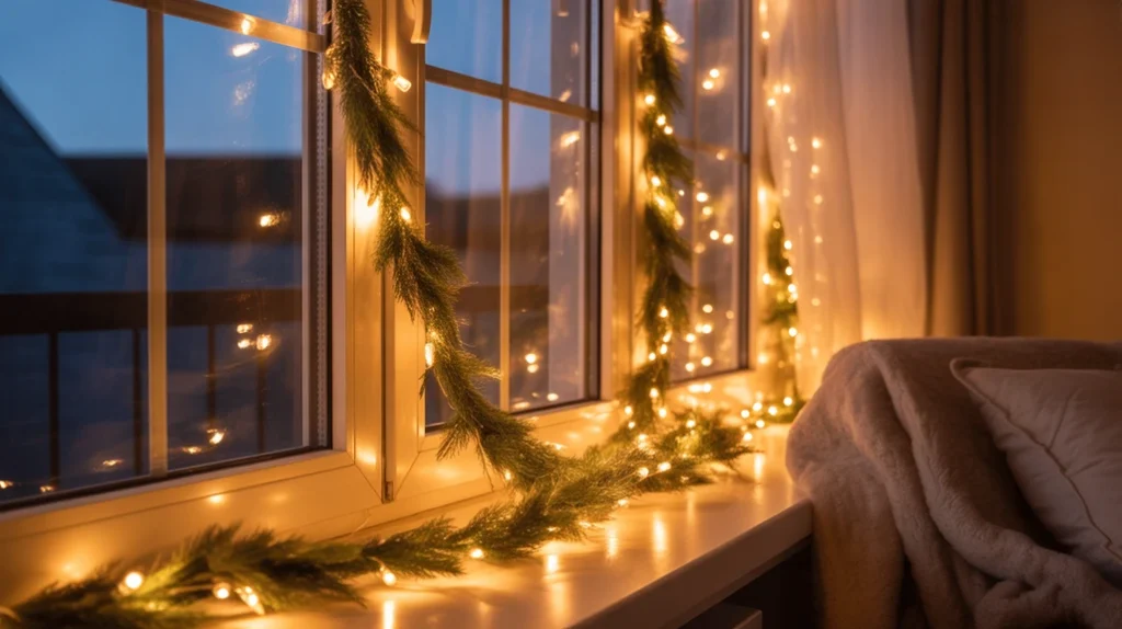 Garland framing wall art for natural holiday touch in festive bedroom