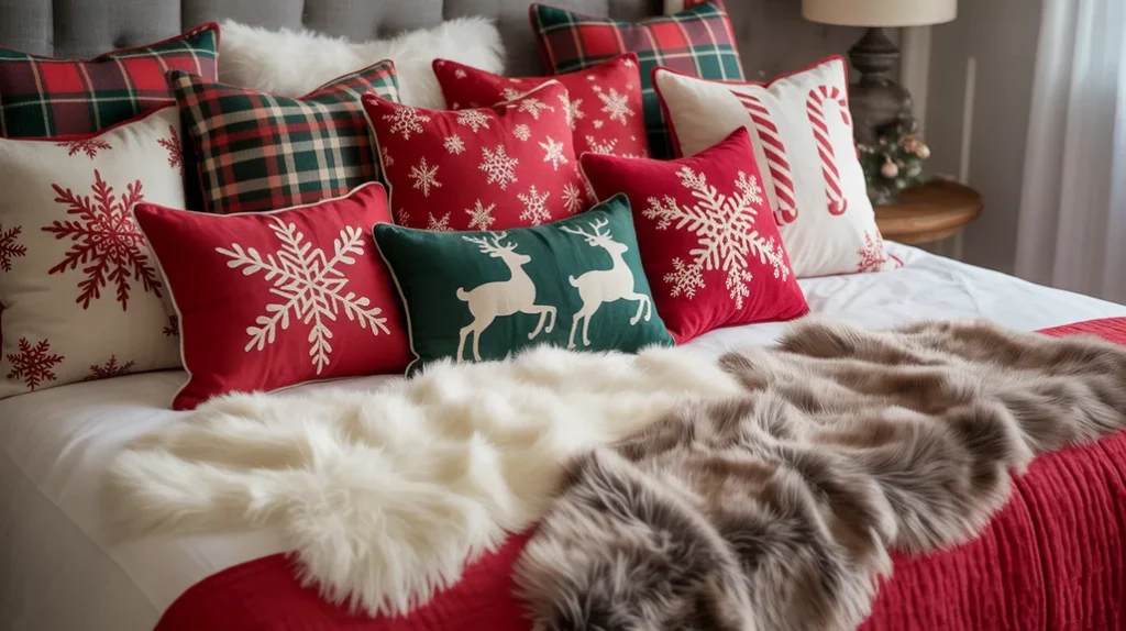 Colorful Christmas pillows and faux fur throws adding fun and texture to a teen holiday bedroom setup