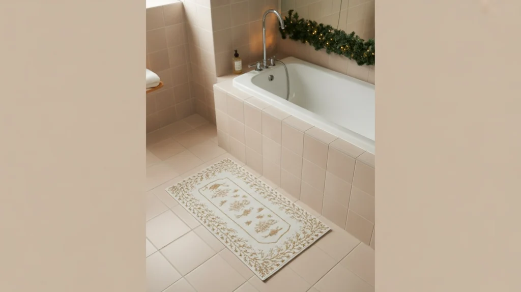 bathroom with a gold-accent holiday rug adding warm festive texture and seasonal style