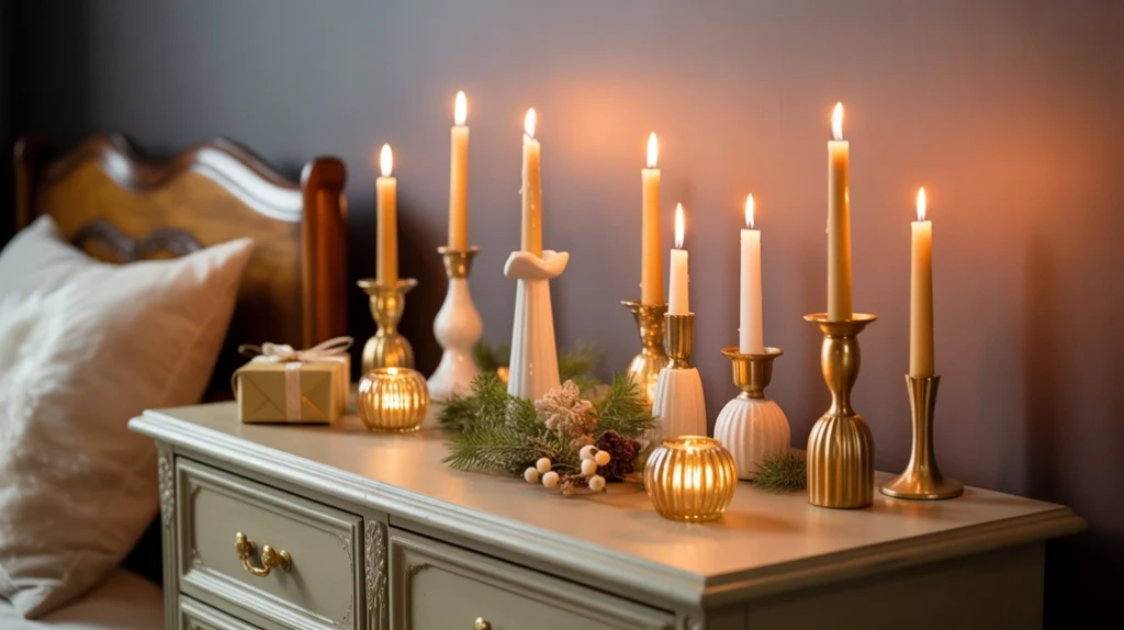 Gold and white candle holders glowing on a dresser, creating a romantic festive ambiance.