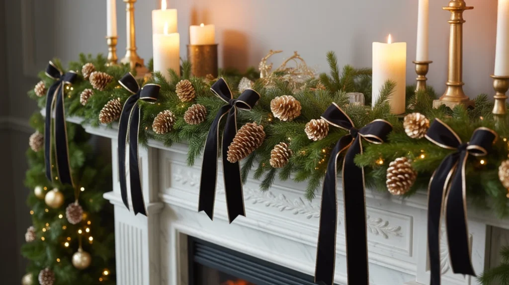 Christmas garlands with gold pinecones and black ribbons adding festive glamour to the living room.