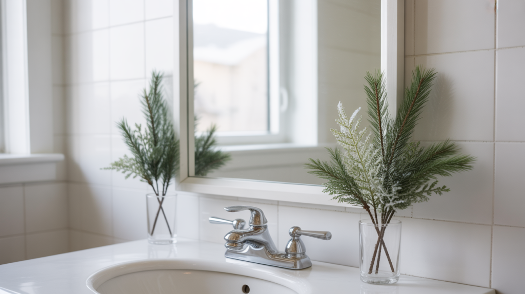 small pine and eucalyptus picks tucked into bathroom mirror corners for festive greenery