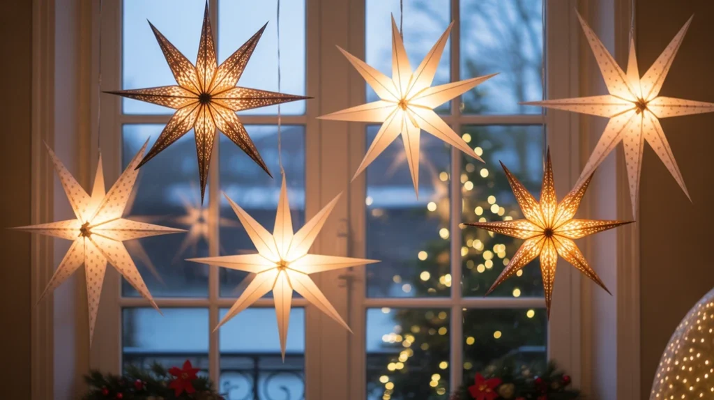 Glowing hanging star lights creating magical sparkle in Christmas window decor.