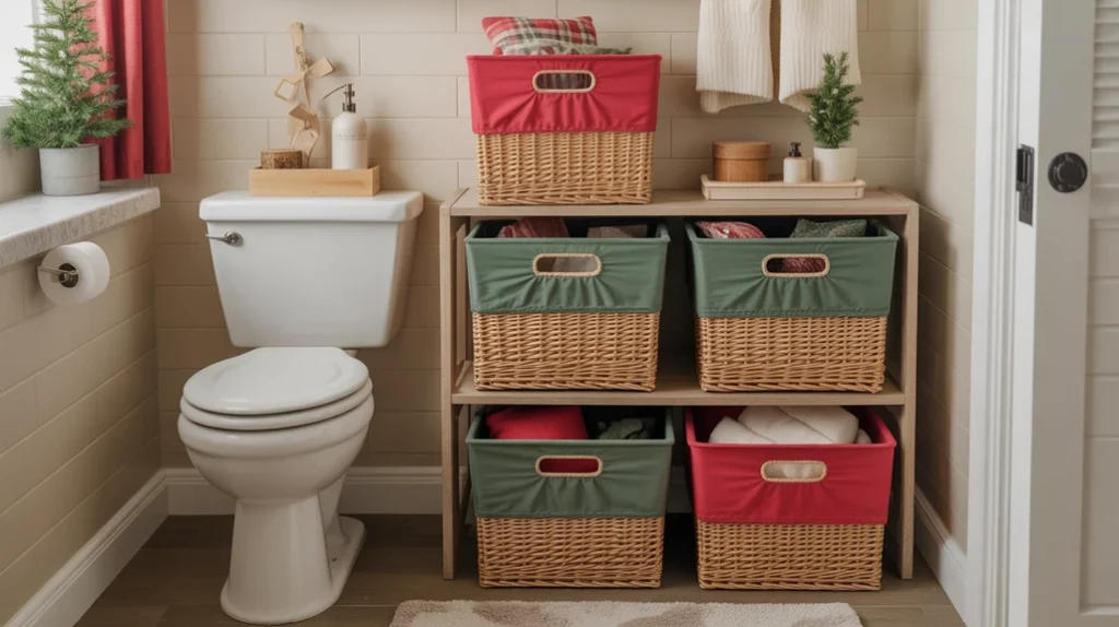 Holiday storage baskets organizing small bathroom essentials with Christmas style.