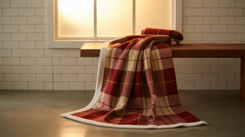 “folded plaid holiday blanket placed neatly on a bathroom bench”