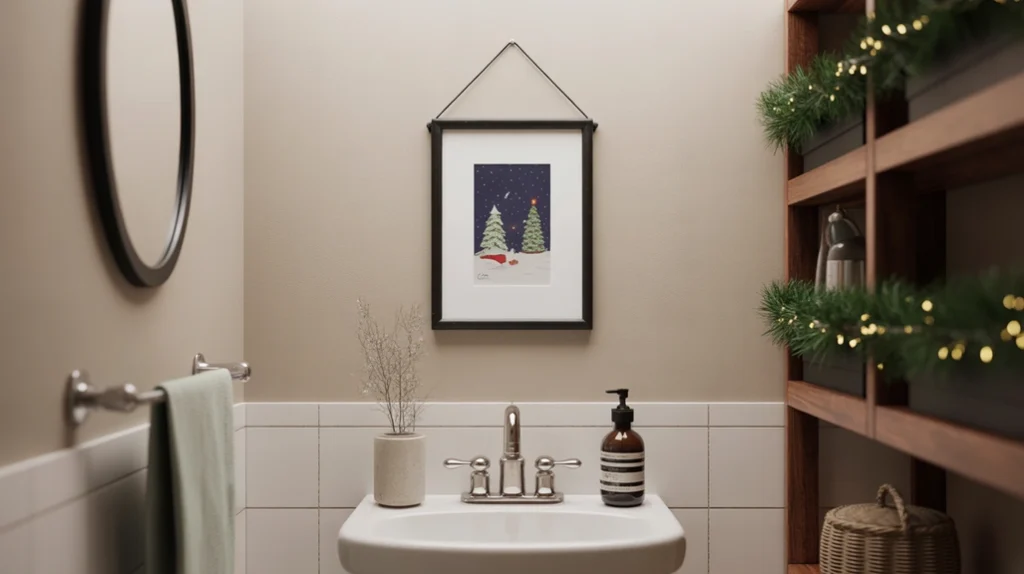 Small framed winter art hanging in a clean bathroom with soft holiday tones.