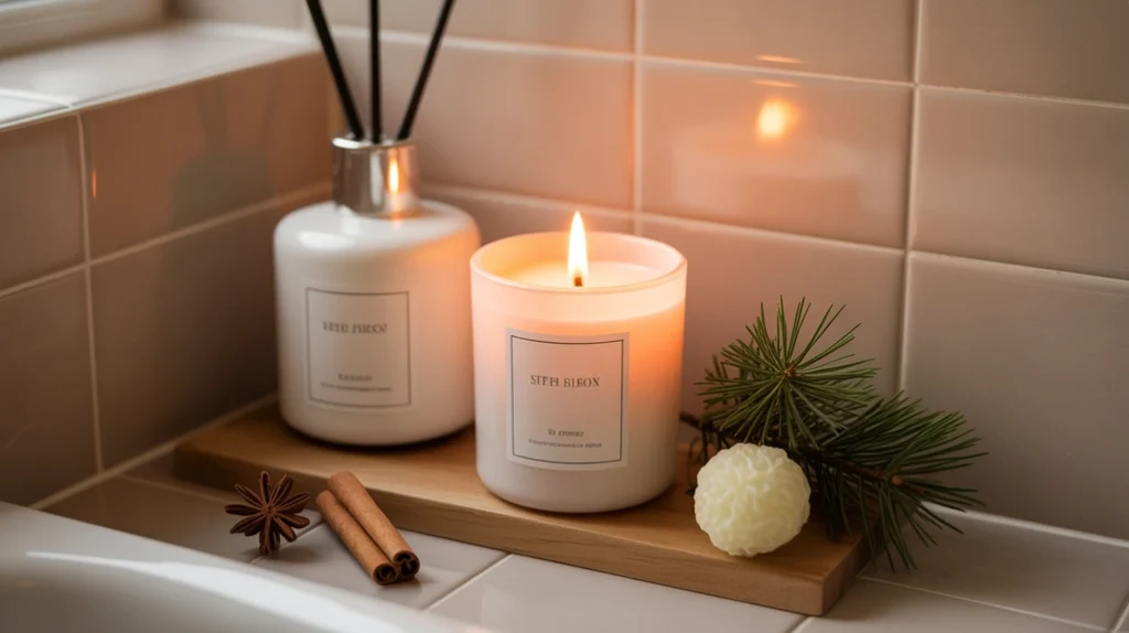Small winter-scent candle adding warm Hygge fragrance to a cozy Christmas bathroom.