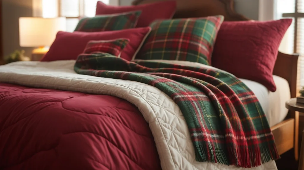 Layered quilts and duvets in red and cream tones for warm festive Christmas bedding ideas