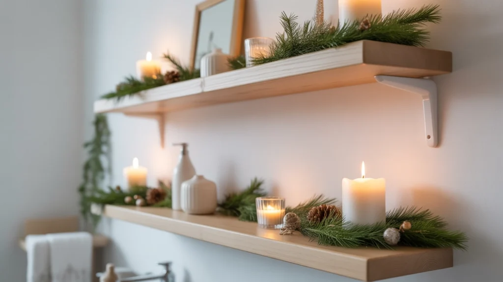 light wood floating shelves styled with greenery for clean scandinavian christmas bathroom decor