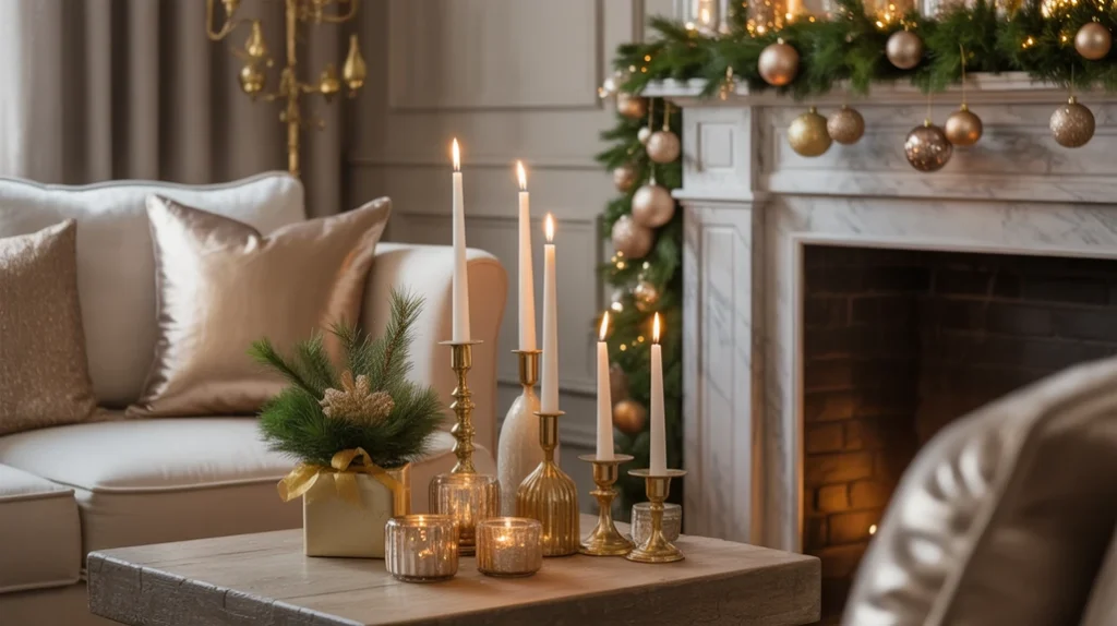 Gold and brass metallic accents enhancing elegant cozy Christmas living room design