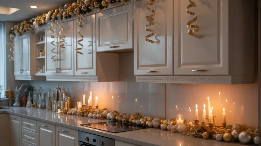 Kitchen decorated with metallic ornaments, gold and silver ribbons for elegant modern Christmas style
