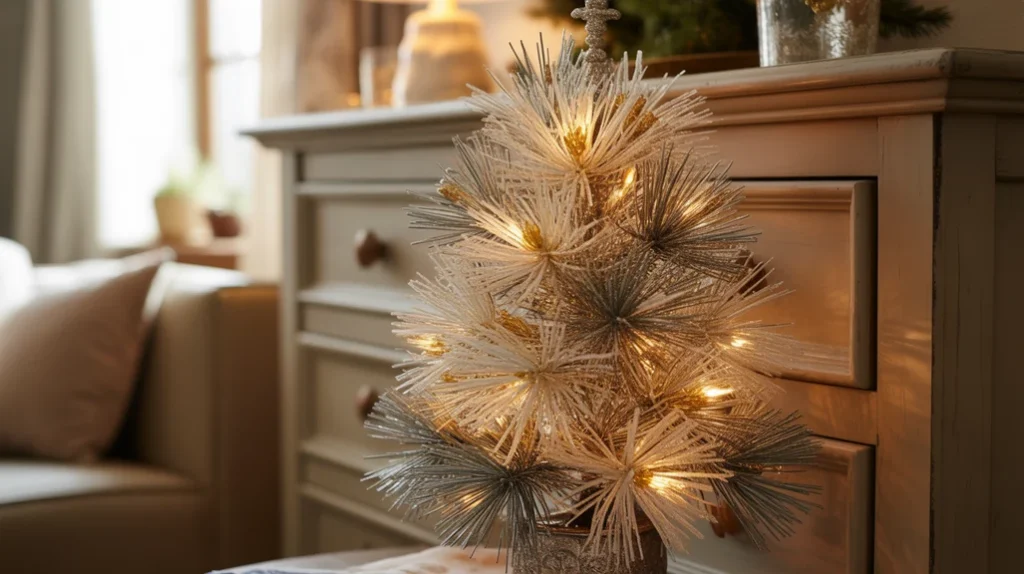 Metallic mini Christmas tree with gold and silver ornaments