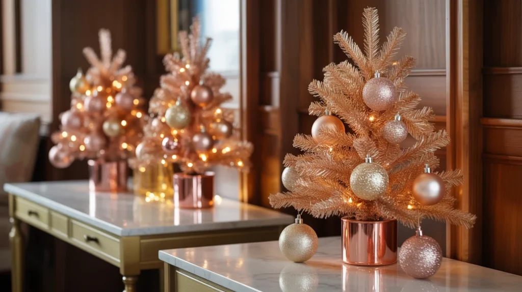 Mini rose gold Christmas trees with metallic ornaments displayed on tables and consoles for festive decor.
