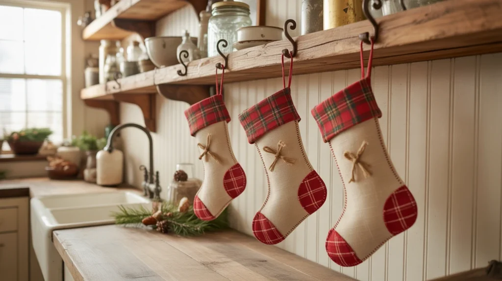 small burlap and flannel stockings hanging from open shelves in farmhouse kitchen