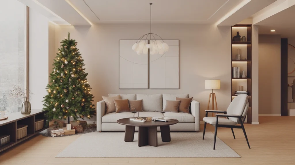 “Spacious modern minimalist Christmas living room layout — neutral palette, minimalist tree, and Scandinavian-inspired styling.”