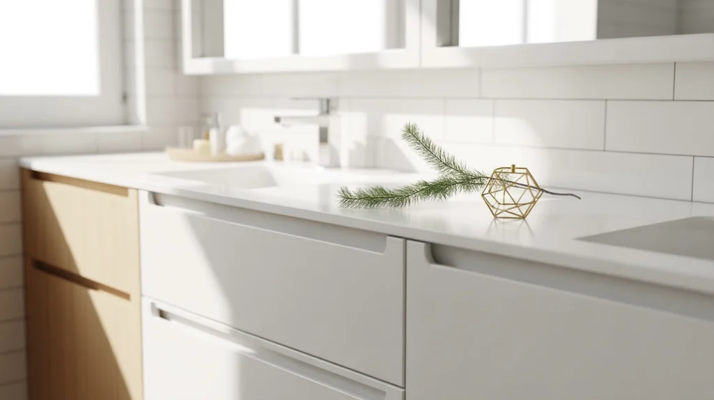modern bathroom cabinets decorated with small sprig of greenery for subtle christmas touch