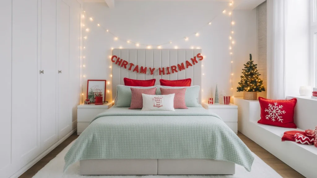 Mint green and red modern Christmas bedroom with festive holiday design