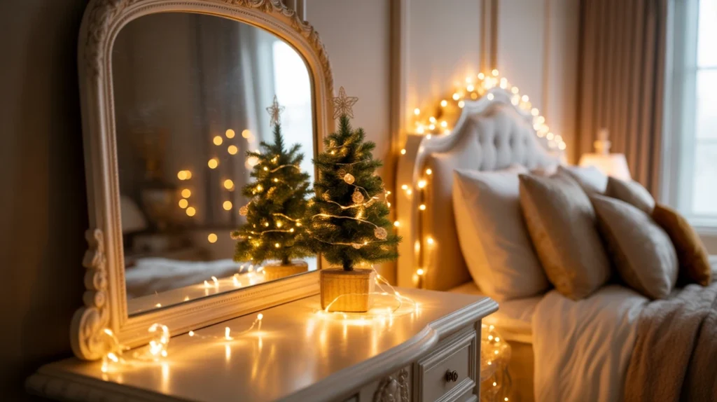 Mirror reflecting fairy lights and tree decor in small festive bedroom