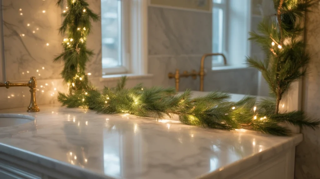 Bathroom mirror decorated with a thin pine garland and soft twinkle lights for Christmas