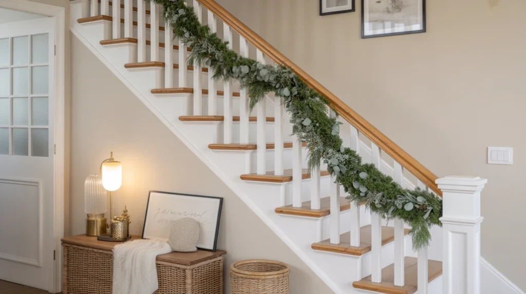 “Mixed greenery Christmas staircase garland with eucalyptus and pine leaves”