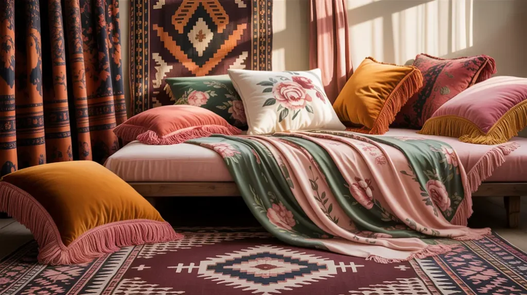 Mixed prints and textures in rugs and cushions adding artistic depth to boho Christmas bedroom decor