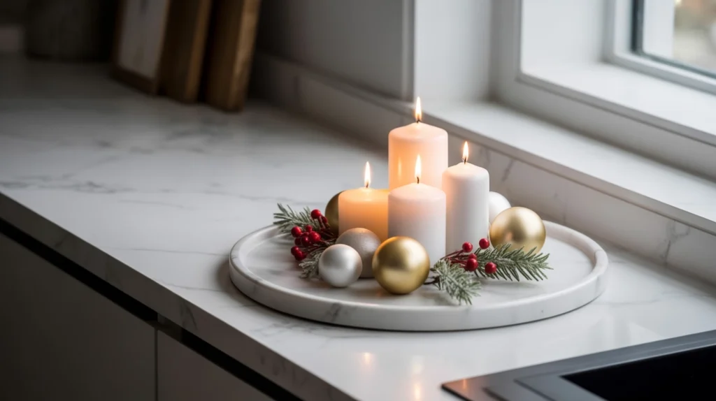 Modern Christmas kitchen centerpiece with candles and ornaments for elegant holiday look