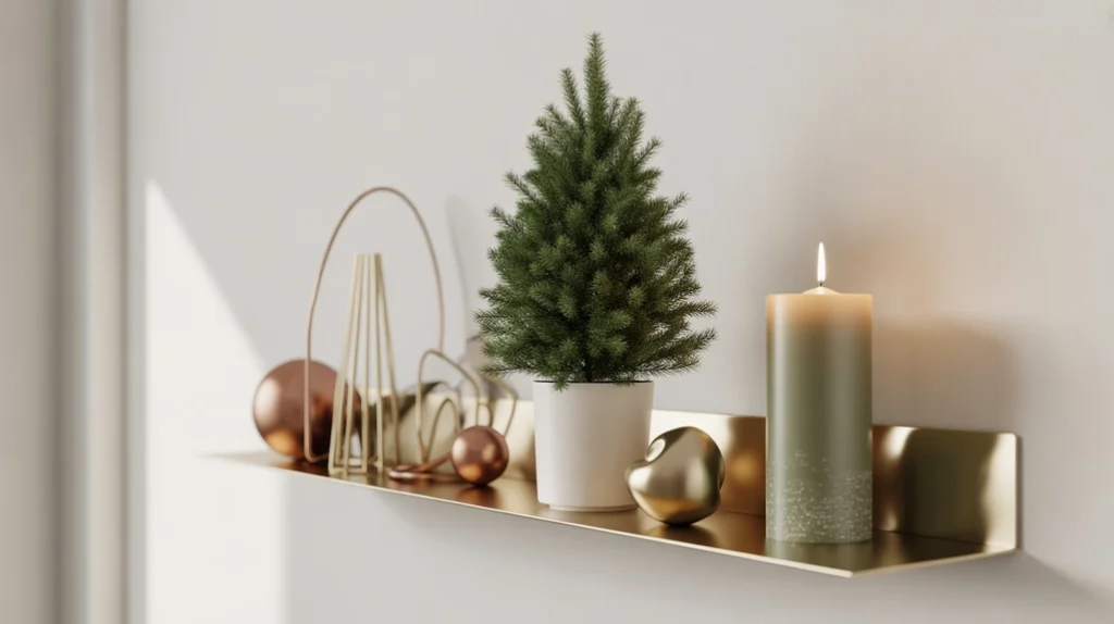 sleek bathroom shelf decorated with modern christmas elements and minimalist styling