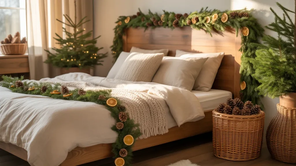 Natural Christmas bedroom decor with wood accents, pinecones, rattan, and dried oranges