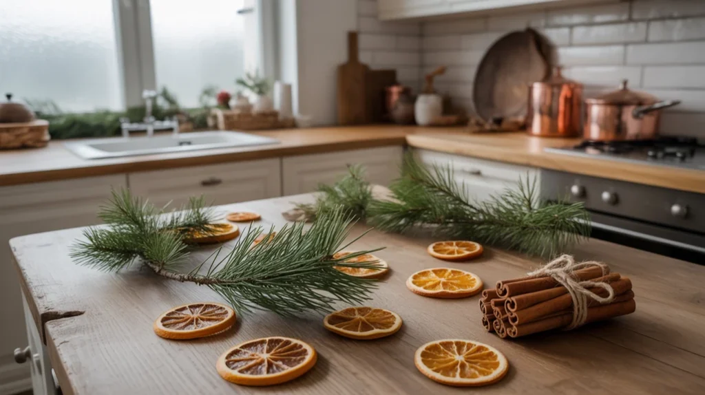 Rustic Christmas kitchen with pine branches, dried oranges, and cinnamon sticks