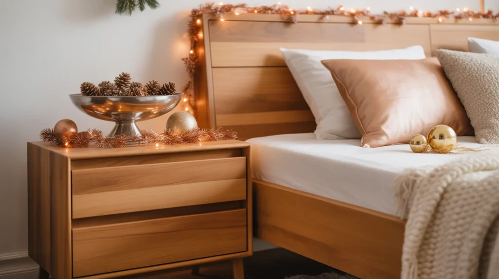 Natural wood furniture combined with metallic decor for warm modern Christmas bedroom look