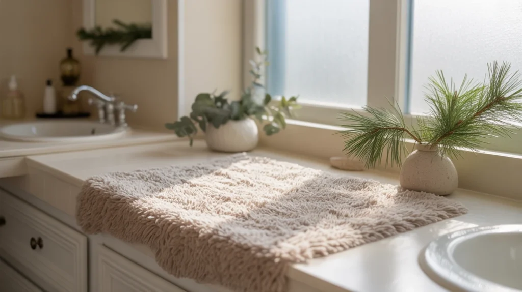 neutral bathroom rug in soft beige tones with subtle winter decorations