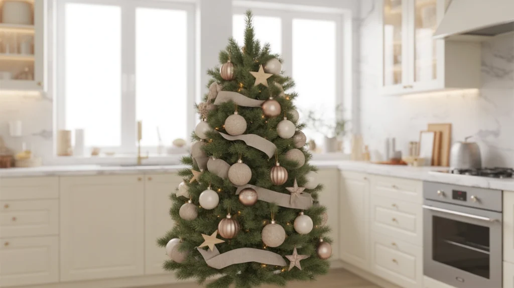 small christmas tree with neutral ornaments in minimalist kitchen corner for subtle holiday decor
