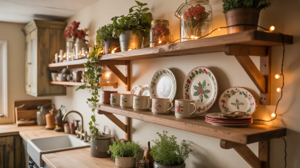open wood shelves with mugs, plates, and garlands in rustic christmas holiday kitchen display