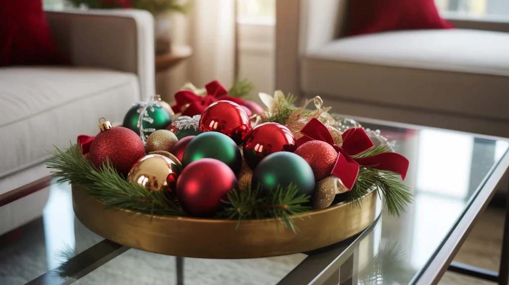 ornament tray Christmas coffee table display with glass baubles and pine sprigs”