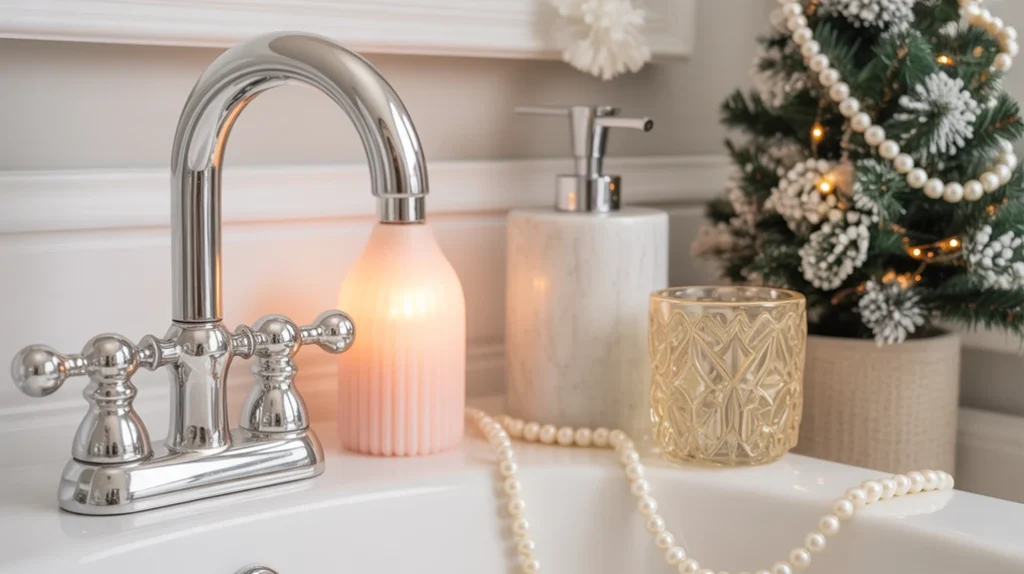 pearl and crystal decorations adding elegant detail to glam christmas bathroom decor ideas