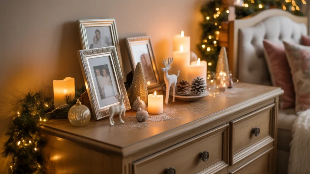 Framed photos, candles, and ornaments adding personal touch to Christmas guest room