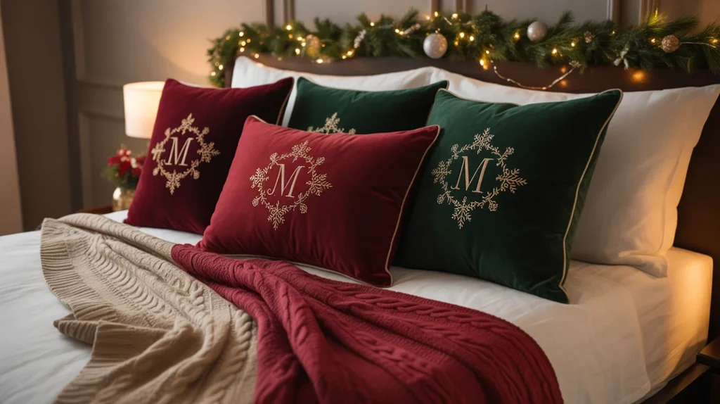 Monogrammed and custom embroidered Christmas pillows creating a personalized holiday touch.