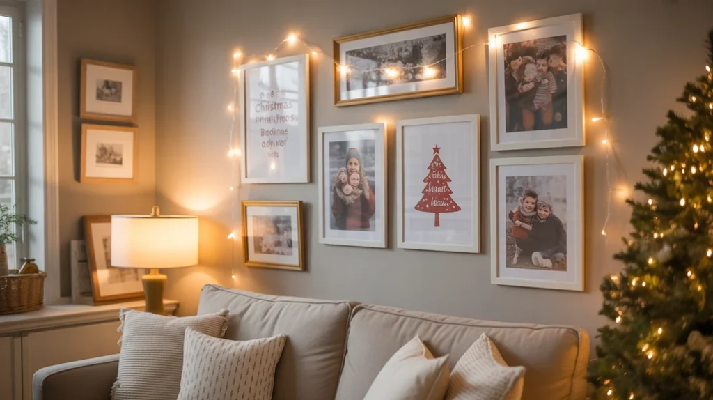 ramed holiday prints and photos with fairy lights on living room wall