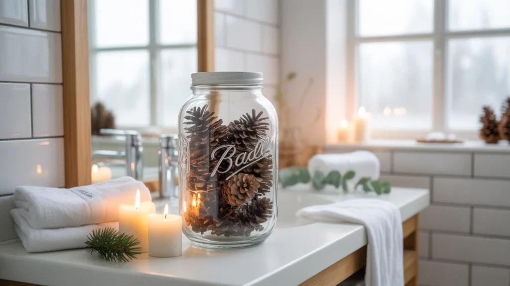 Jar of pinecones used as rustic Nordic Christmas bathroom décor in a winter setting.