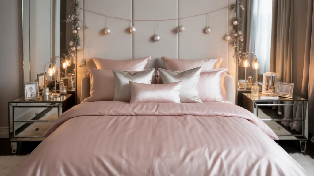 silver ornaments and mirrored accents balancing blush tones in chic pink Christmas bedroom decor