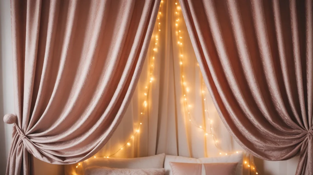 Pink curtains glowing with string lights in an elegant Christmas bedroom setting