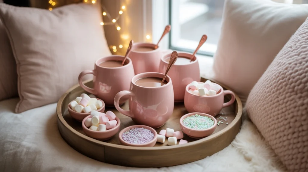 Pink hot cocoa station with blush mugs, marshmallows, and soft glam Christmas styling
