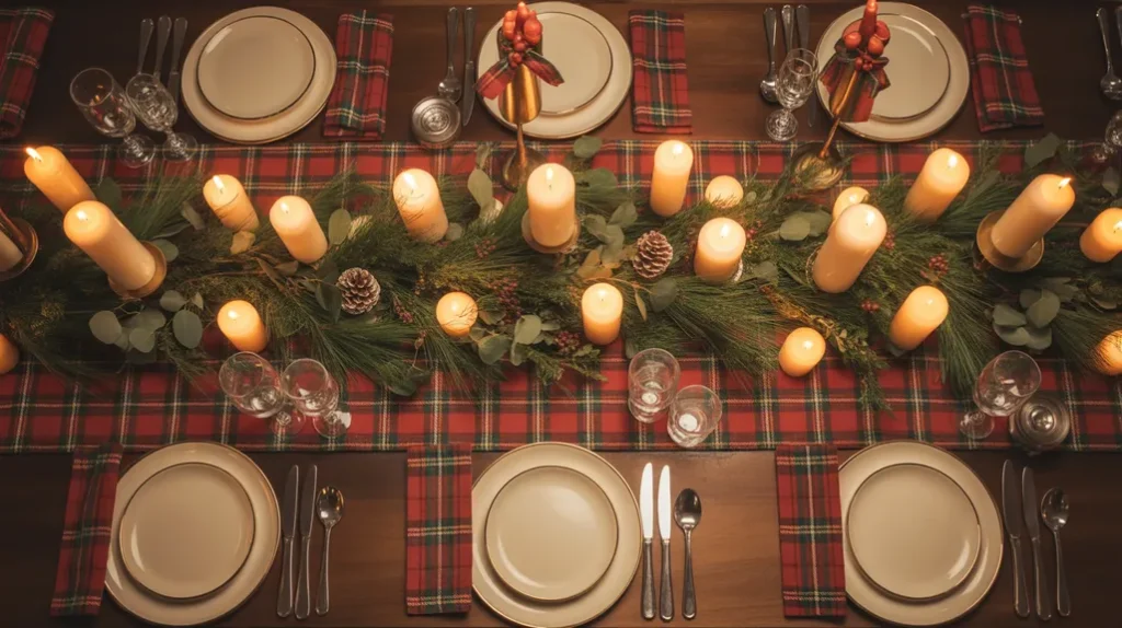 Plaid Christmas table décor with tartan napkins, greenery, and cozy seasonal accents