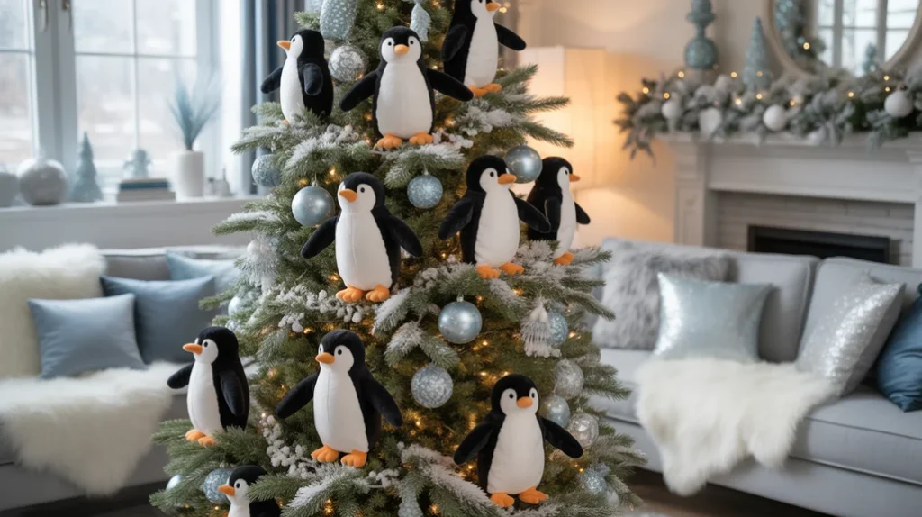 Playful Penguin Christmas tree with snowball garlands and cute penguin ornaments
